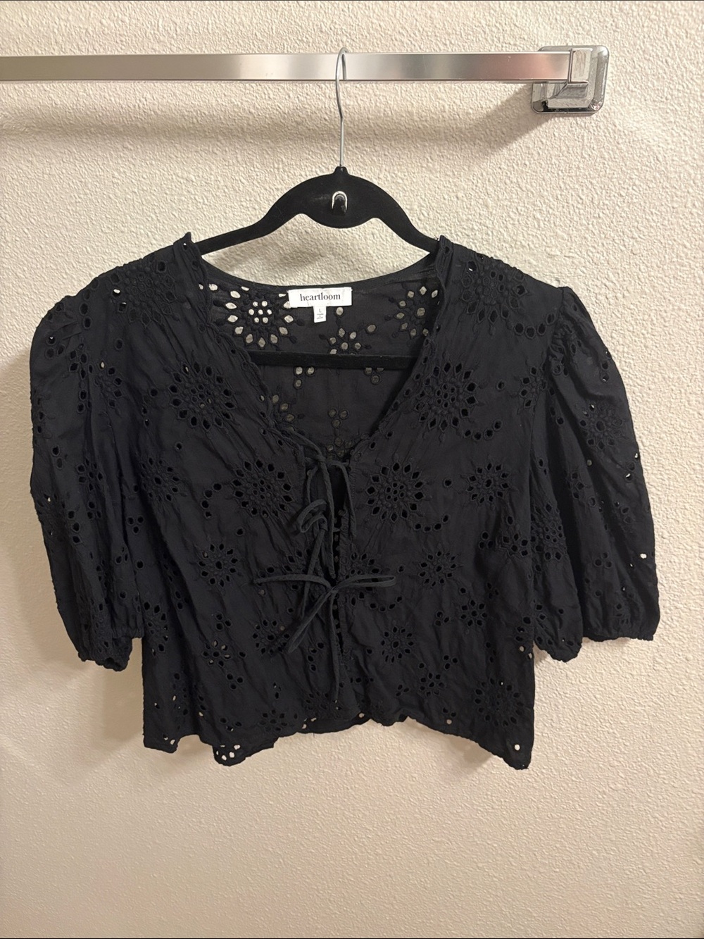 Heartloom Black Eyelet Tie-Front Puff Sleeve Top